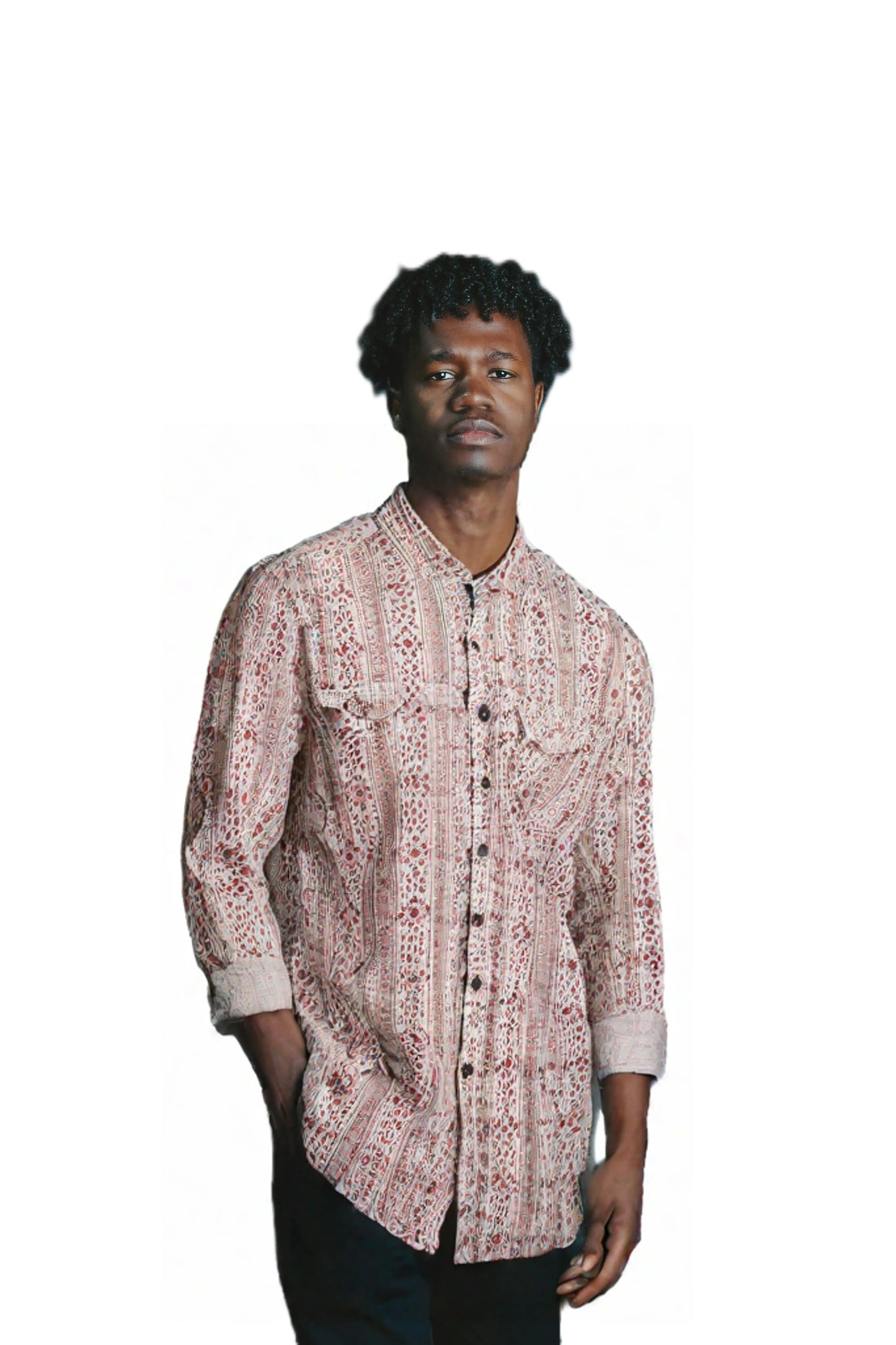 White casual shirt with red colored geometric patterns for Men SH-3