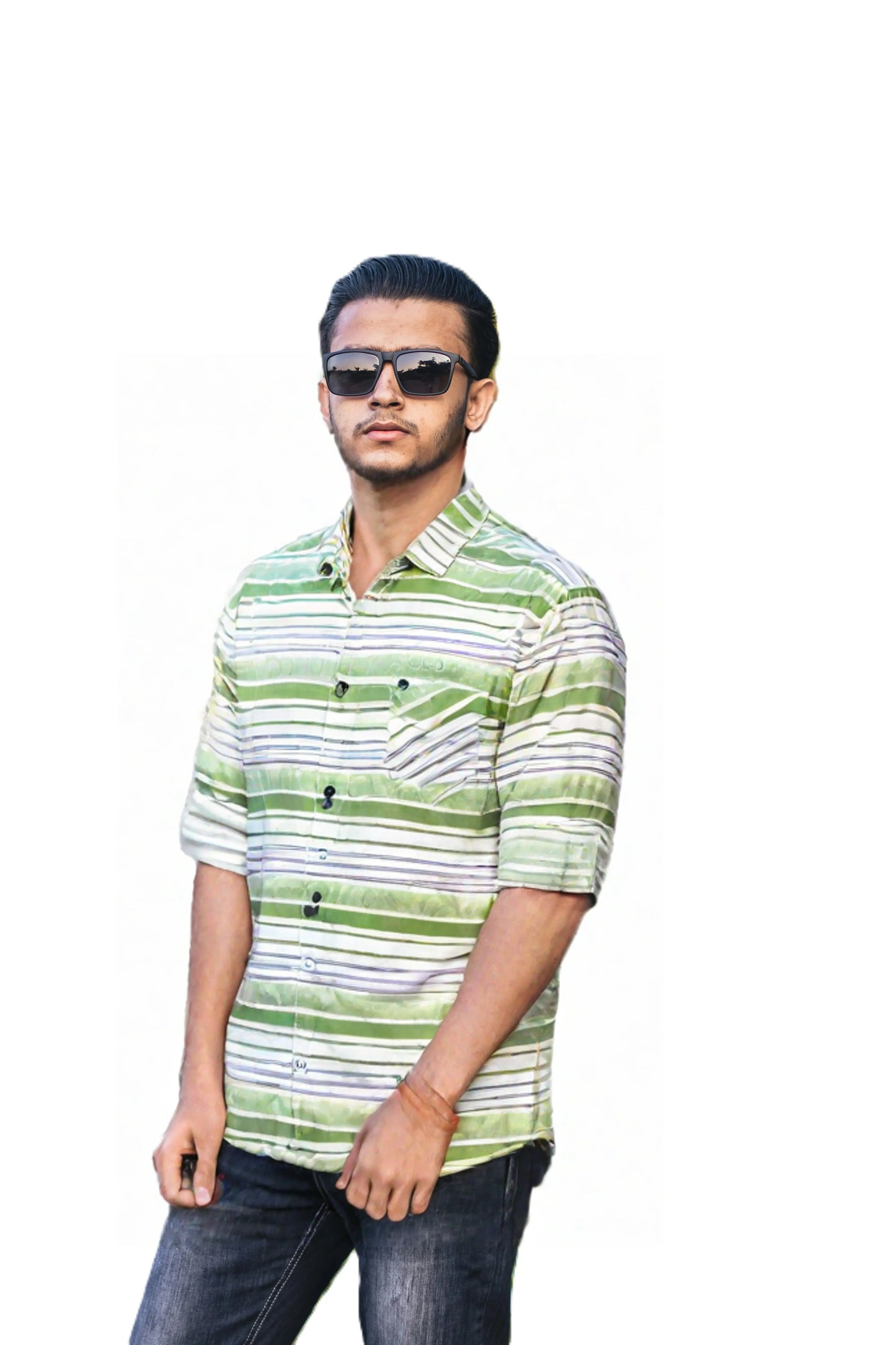 Lime Green Striped Casual Shirt for Men SH-6